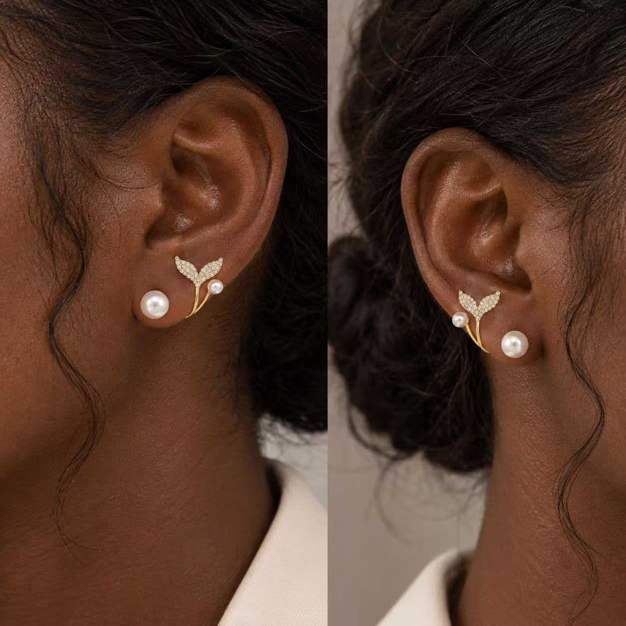 2026 Fishtail Stud Earrings shown worn on both ears